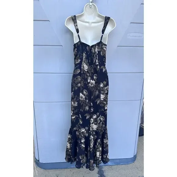 Reformation Irisa Black Floral Midi Dress Size 8 Ruffle Hem Lace Trim Grand Dame - Picture 10 of 16